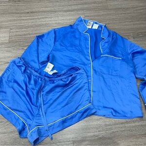 H&M Blue Satin Pajama Set with White Trim Large